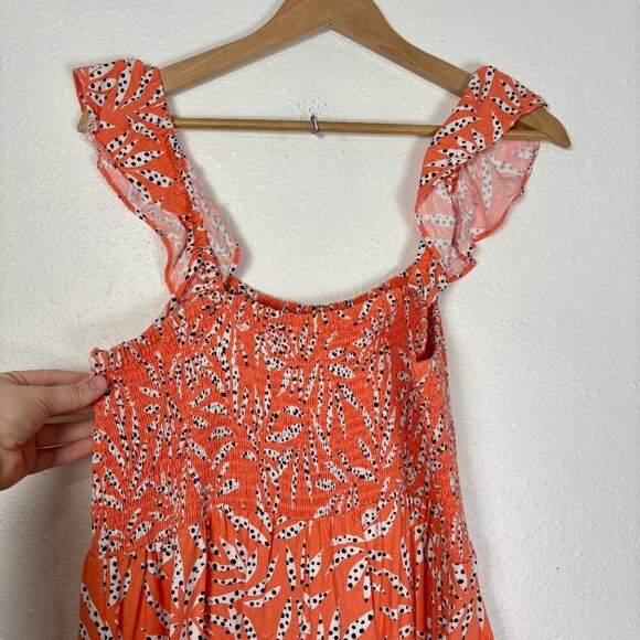 Loft Orange Leaf Dot Smocked Ruffle Strap Wide Leg Jumpsuit Size: XL Petite - Picture 7 of 10